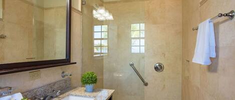 A modern bathroom with a glass-enclosed shower, a large mirror, and a granite countertop.