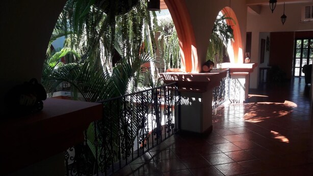Un espacio interior amplio con piso de baldosas, barandal metálico y una planta grande en maceta.