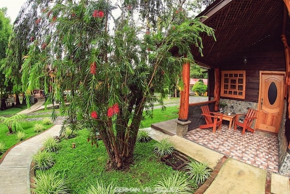 A wooden house with a tiled patio, a small garden with various plants, and a pathway leading to the house. - Country Delights Hotel (Purulha)