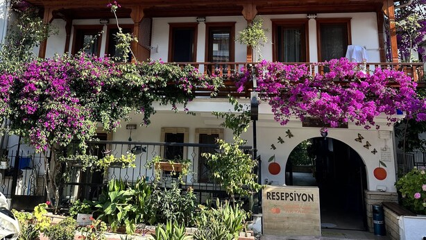 A building with a balcony covered in purple flowers, a sign reading "RESPESIYON", and potted plants in front. - Mandalin Akyaka Hotel (Ula)