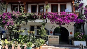 A two-story building with a balcony adorned with purple flowers, a sign reading "RESERVATION," and potted plants in front. - Mandalin Akyaka Hotel (Ula)