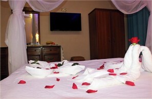Relax in this inviting room with a comfortable bed, TV, wardrobe, and mirror.
