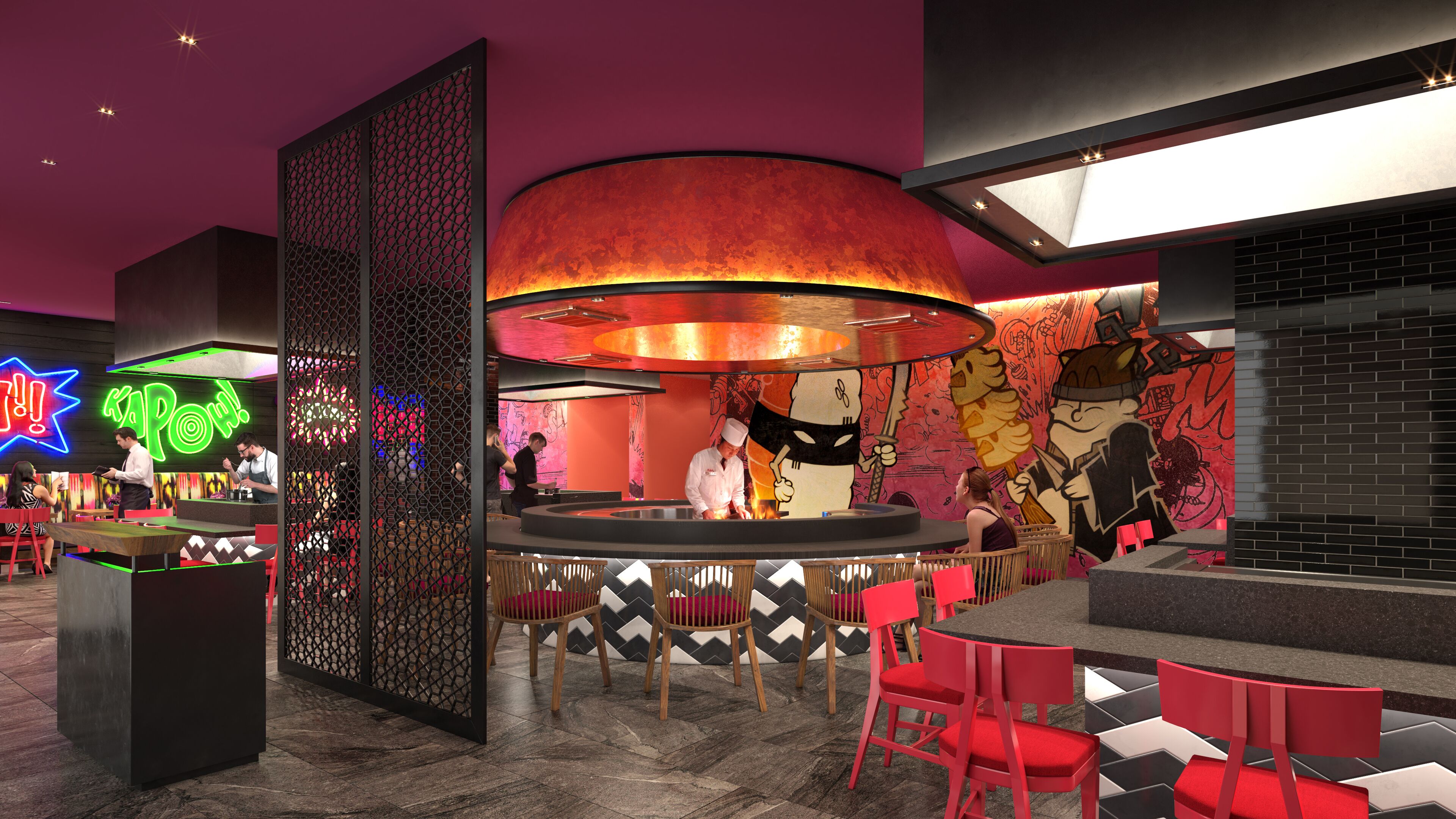 Un restaurant moderne doté d’un espace de cuisine central, d’une décoration aux couleurs rouge et noire et d’une enseigne au néon.