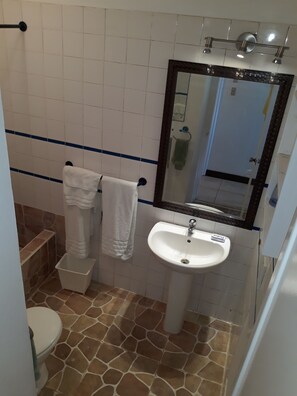 Bathroom features a white sink, mirror, and toilet, with a patterned tile floor and walls.