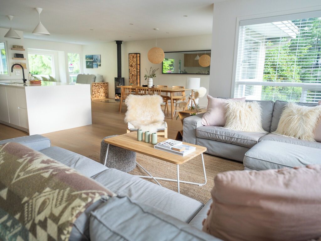 Smart TV, fireplace, books, stereo