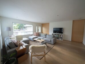 スマートテレビ、暖炉、書庫、ステレオ