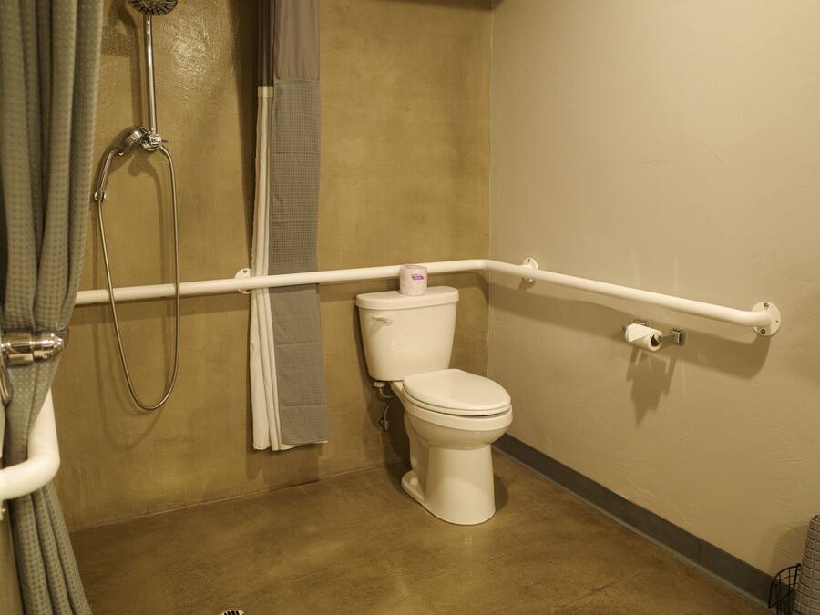 Une salle de bain équipée de toilettes, d’une douche et d’une barre d’appui.