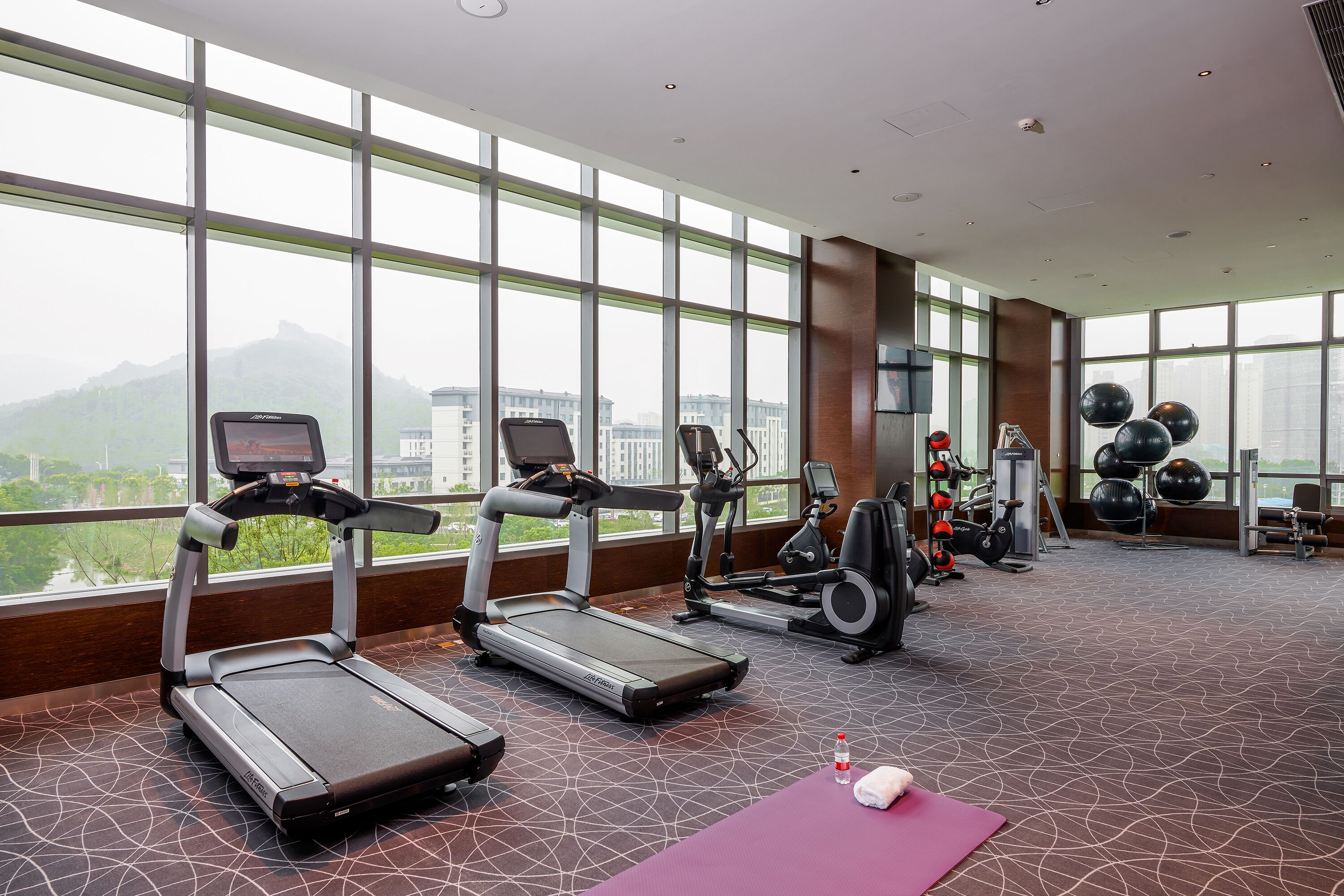 Ein Fitnessstudio mit Laufbändern, Ergometer und Krafttrainingsgeräten, großen Fenstern mit Blick auf die Stadt und einem gemusterten Boden.