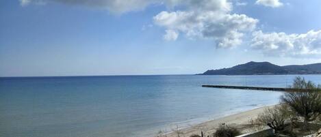 On the beach, sun loungers, beach umbrellas