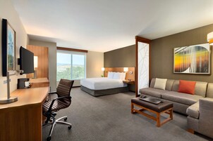 Una habitación de hotel con una cama, un escritorio, una silla, un sofá y un televisor.