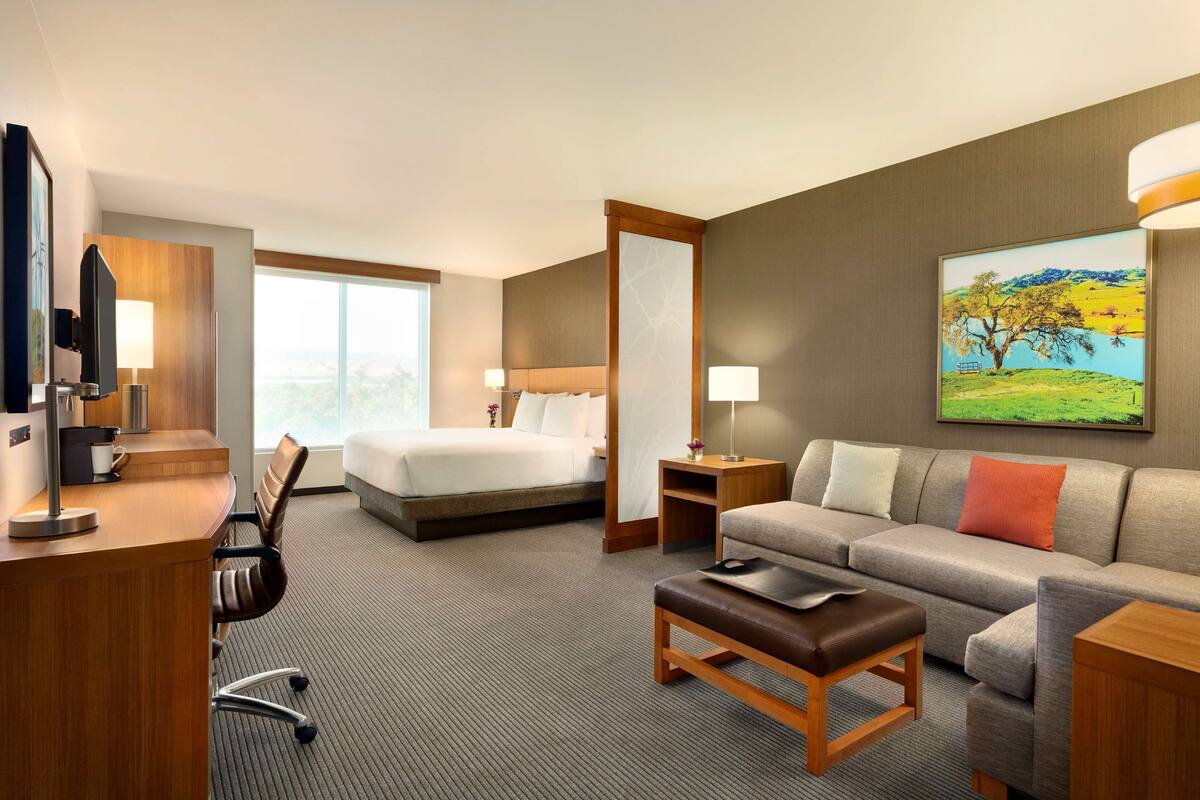 A hotel room with a bed, a sofa, a desk, and a TV.