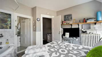 A modern hotel room with a bathroom, a bed with a patterned bedspread, a television, a radiator, and a shelf with books and decorative items.