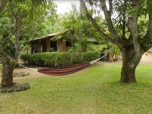 Habitación básica doble, vista al jardín | Área de sala de estar