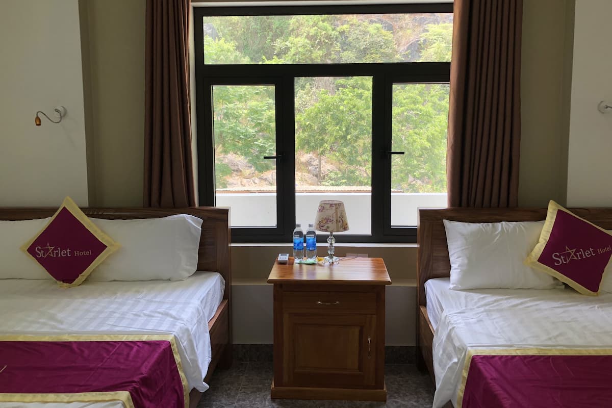Habitación de hotel con dos camas, una mesita de noche de madera y una ventana con vistas a zonas verdes.
