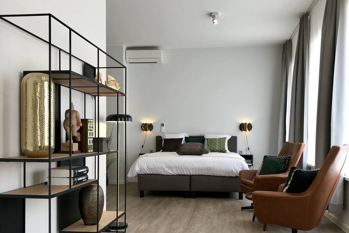 A modern bedroom with a bed, a seating area, and a bookshelf.