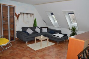 Télévision, table de tennis de table, livres