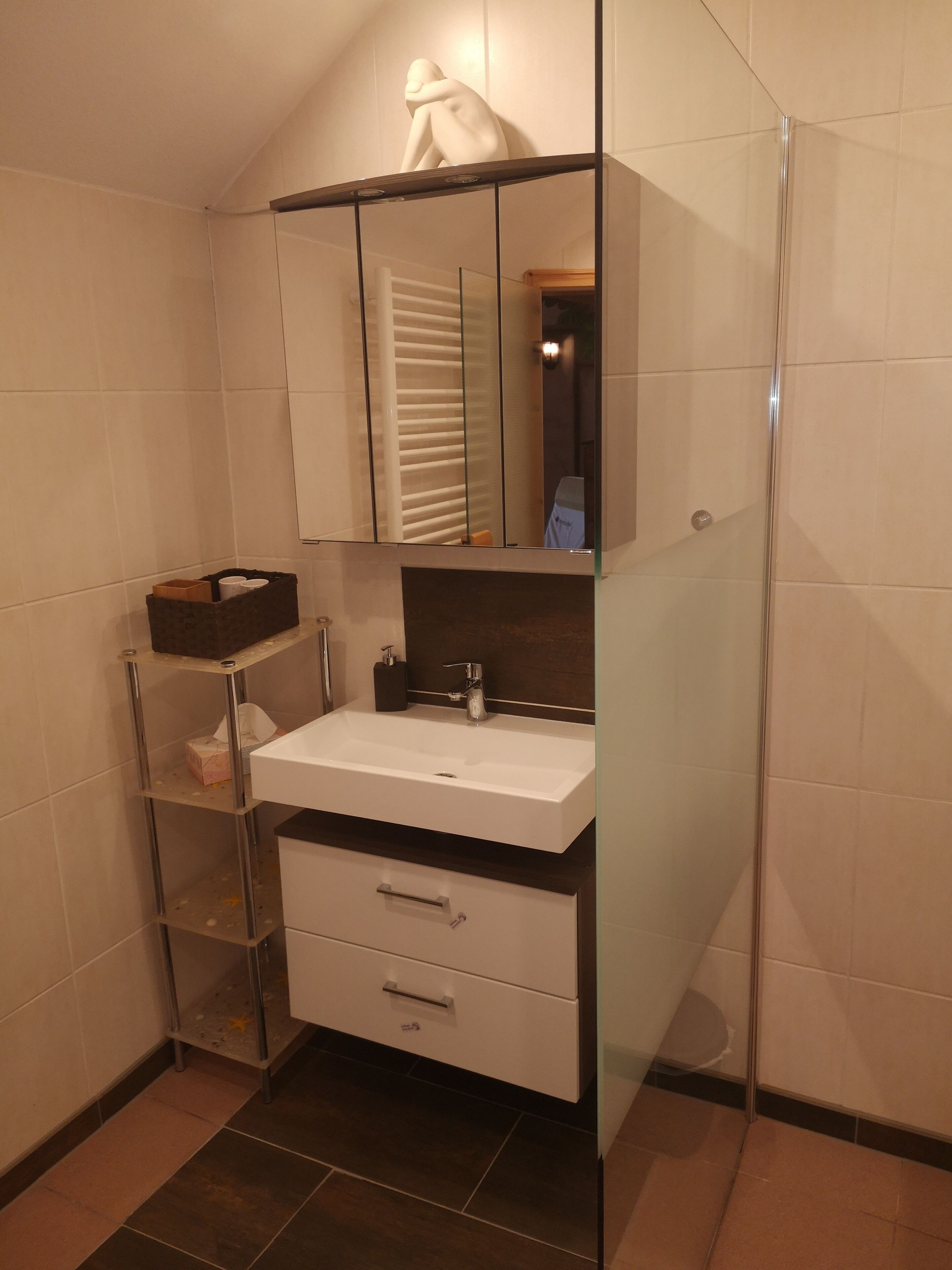 Ein modernes Badezimmer mit einem weißen Waschbecken, einem Spiegel und einer Duschkabine aus Glas.
