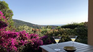 Et bord med to martini-glas og en skål, foran en baggrund af farverige buganvillea blomster og et smukt udsigtspunkt.