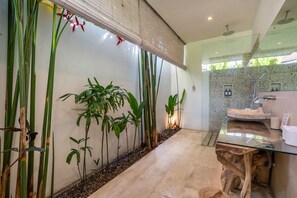Shower, hair dryer, towels