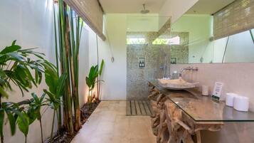 Shower, hair dryer, towels, soap
