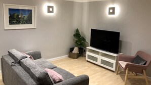A living room with a grey sofa, a pink armchair, a flat-screen TV, and a framed picture on the wall.