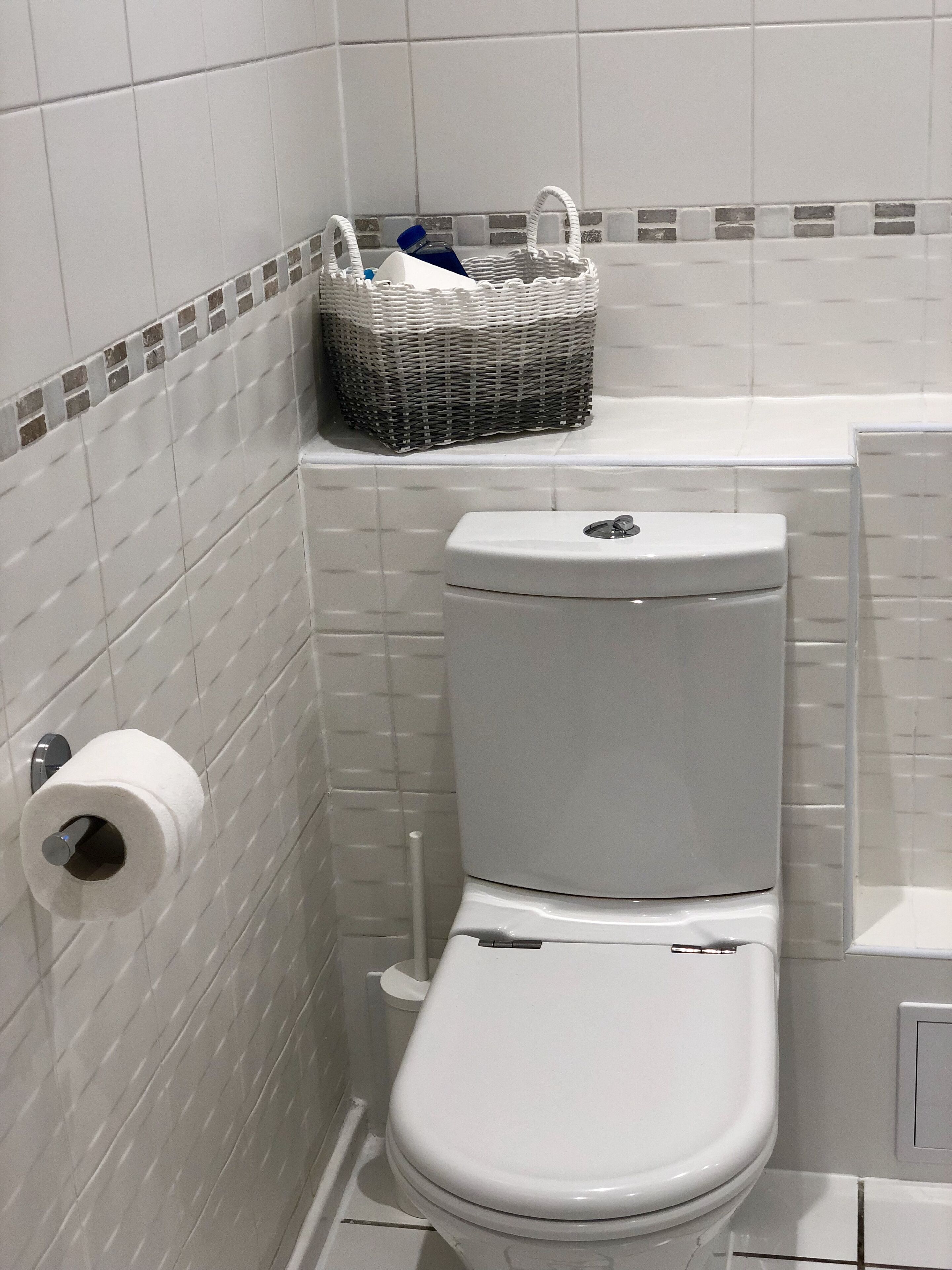Une salle de bain avec des toilettes, un panier contenant des articles de toilette et un rouleau de papier toilette accroché au mur.