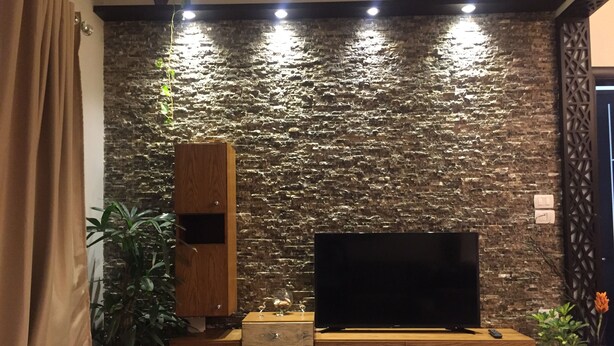Ein Wohnzimmer mit Steinwand, Holzmöbeln und Topfpflanzen.