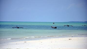 A beach with clear turquoise water, a sandy shore, and a distant shoreline with vegetation.