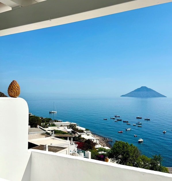 A coastal view with boats, a mountain, and a white building with a pineapple decoration.