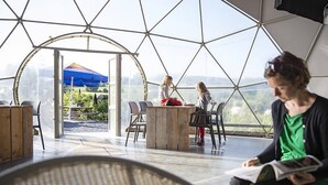 An indoor space with a geodesic dome structure, seating areas, and a view of the outdoors. - Ecochique (Heuvelland)