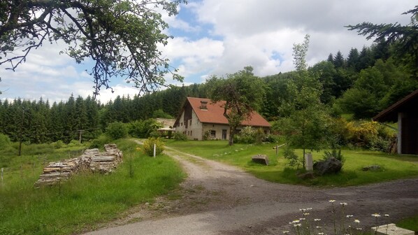 Une maison de campagne au toit en pente, entourée d’une zone boisée et accessible par un chemin de gravier.