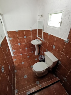 Douche, articles de toilette gratuits, serviettes fournies, savon