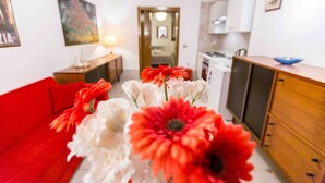 Un salon avec un canapé rouge, un meuble en bois et, au fond, un coin cuisine.