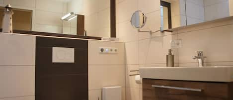 Shower, hair dryer, towels