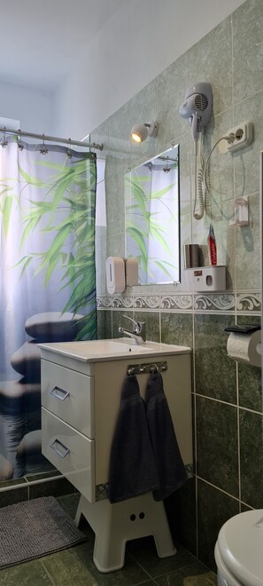 Dusche, Haartrockner, Handtücher, Seife