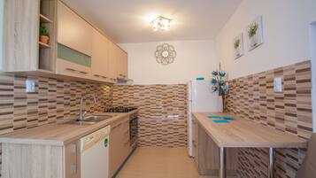 Departamento básico, vista al lago | Cocina privada | Refrigerador con congelador, microondas, horno y parrilla de estufa