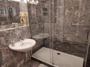 Shower, hair dryer, bidet, towels