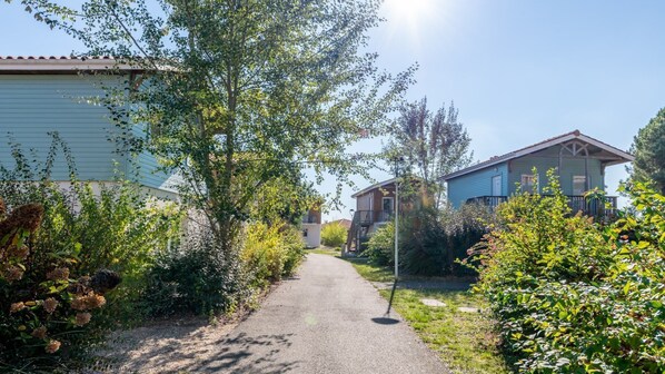 En stig som leder fram till en rad hus med en klar himmel ovanför.