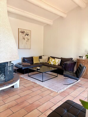 TV, fireplace, books, offices