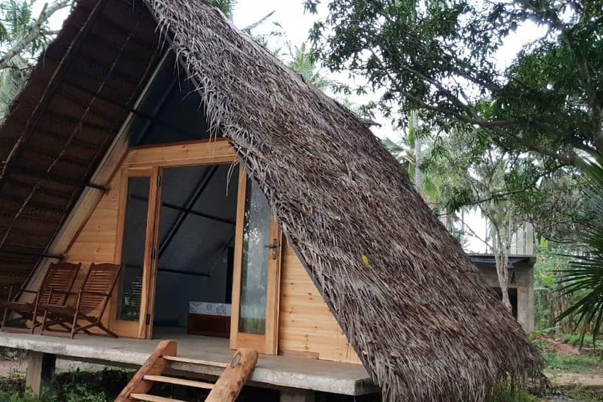 A thatched-roof hut with a wooden door and a small porch area with two wooden chairs.