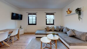 A modern living room with a sofa, a dining table with chairs, a TV, and two windows with curtains. - Apartment in historical building - old school (Spittelstein)
