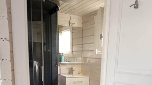 Une salle de bain avec douche, toilettes et lavabo.