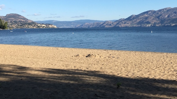 Une plage d’où l’on a une vue dégagée sur un lac et des montagnes en arrière-plan.