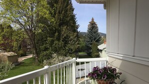 Un balcon avec une table en verre, une chaise et un pot de fleurs.