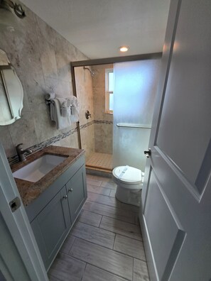 Shower, hair dryer, towels