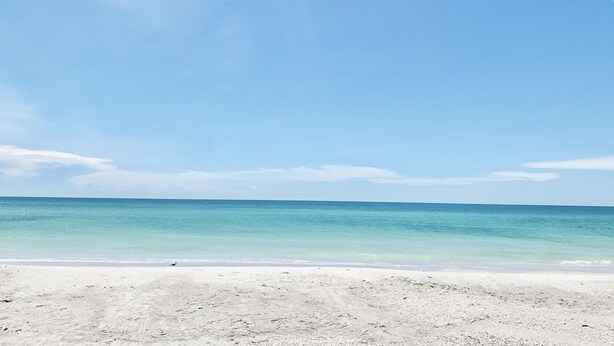 Une plage à l’eau turquoise et limpide, bordée d’un rivage sablonneux.