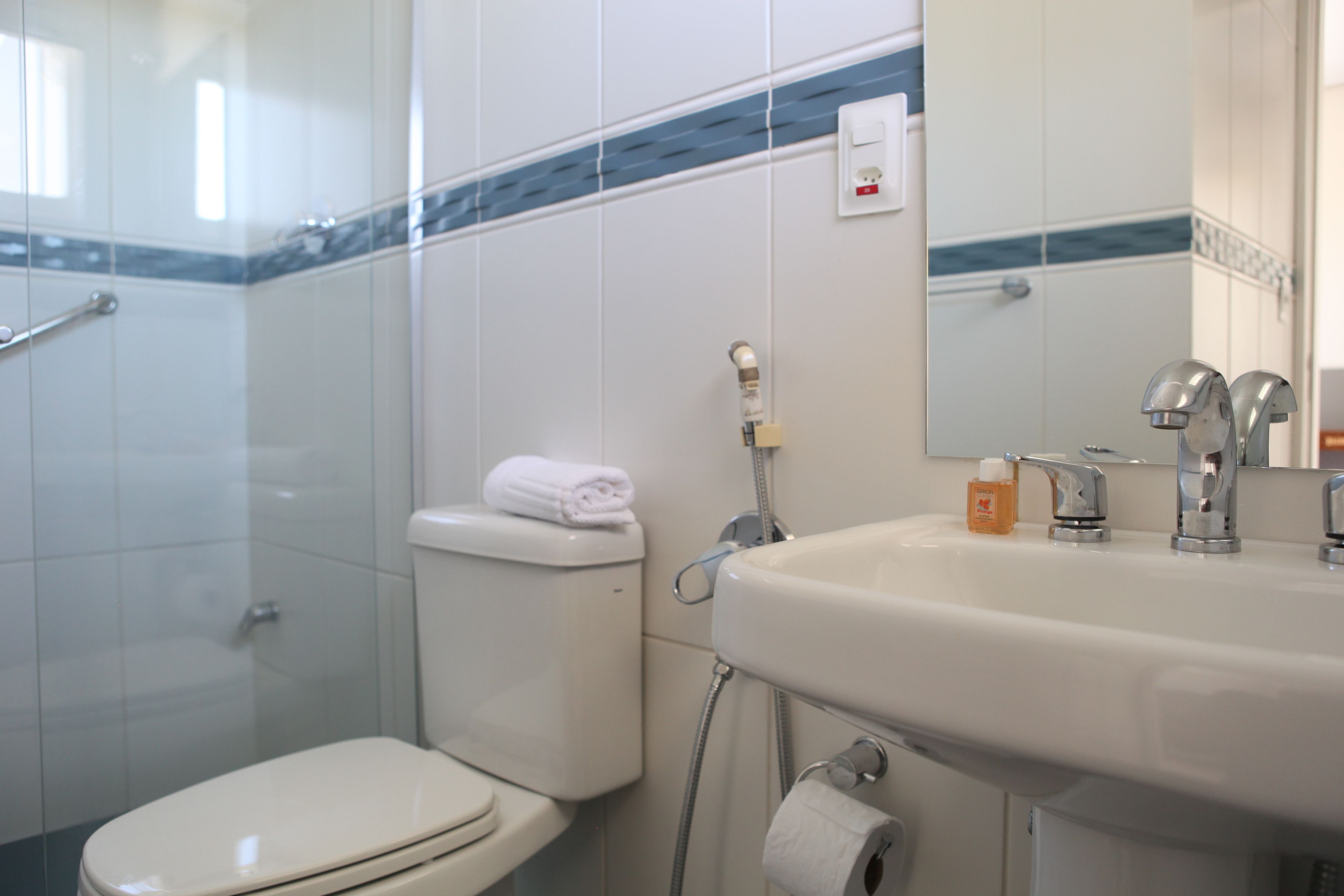 A bathroom with a toilet, a sink, and a shower.