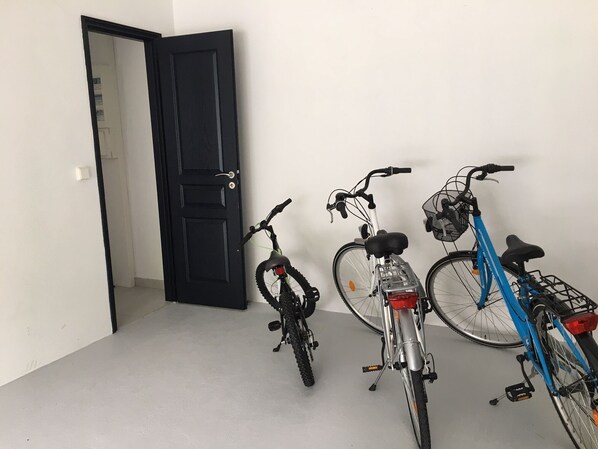 A room with a closed door, a bicycle, and a blue bicycle leaning against the wall.