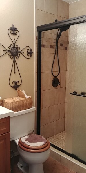 Shower, hair dryer, towels, toilet paper
