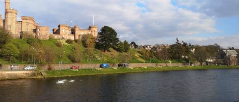 A historic castle with a river in the foreground, surrounded by greenery and residential buildings.